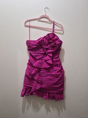 Strapless Fuchsia Ruffled Cocktail Dress with Floral Detail